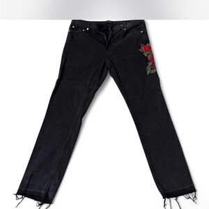 Black Jeans with Red Floral Embroidery